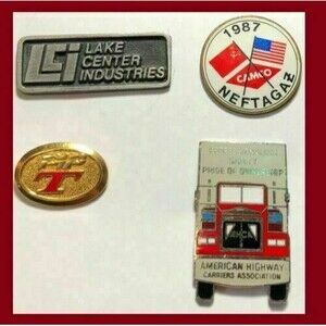4 Trucking pins,Lake Center Ind,T,PIP,'87 CAMCO,NEFTAGAZ & Am Hwy Carrier Assoc.